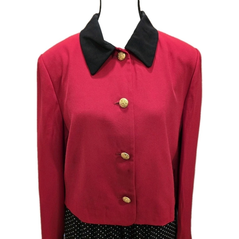 Vintage 90s Debra Michaels Cropped‎ Red Blazer Gold Crest Button Black Collar 10